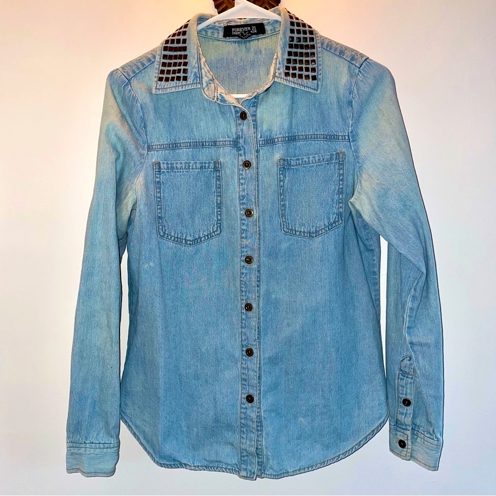 Forever 21 Studded Collar Denim Button Up Shirt